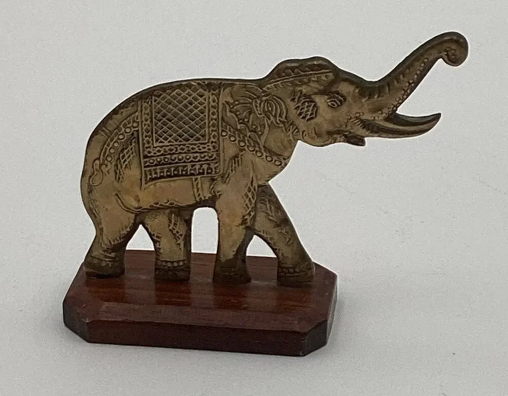 Vintage Brass Royal Elephant Figurine on Wood Base Etched Good Luck Trunk Up